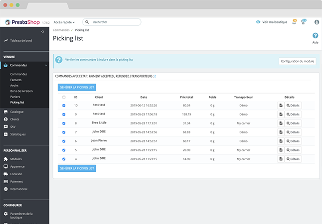 Projet conception site Internet Prestashop Pickinglist - Module Prestashop pour simplifier la préparation de commandes.